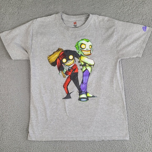 DC Comics T-Shirt‎ Mens Medium Gray Joker Harley Quinn Graphic Tee Short Sleeve - Picture 1 of 12